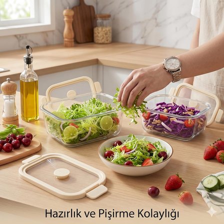 Sızdırmaz Kilit Kapaklı Cam Saklama Kabı - Krem Rengi Minimalist Tasarım, Koku Tutmaz Hava Almaz Yemek ve Erzak Kabı (4 Farklı Boy Seçeneği) (Krem, 800, Mililitre)