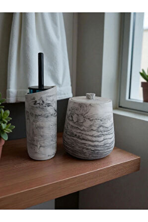 4 Parça Antrasit Beton Banyo Wc Seti Tuvalet Fırçası Çöp Kovası 4 Litre