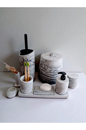 Antrasit Beton Banyo Seti Tuvalet Wc Sıvı Sabunluk Diş Fırçalığı Aksesuar Takım