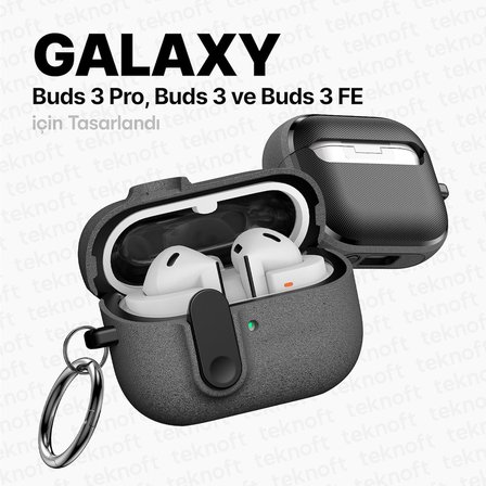 Samsung Galaxy Buds 3 Pro, Buds 3 ve Buds 3 FE ile Uyumlu Mandallı Kapak Kilit Sistemli Kumlanmış Mat Dokulu Darbelere Dayanıklı Hibrit Kılıf (Gri, Galaxy Buds 3 Pro/3/3 FE)