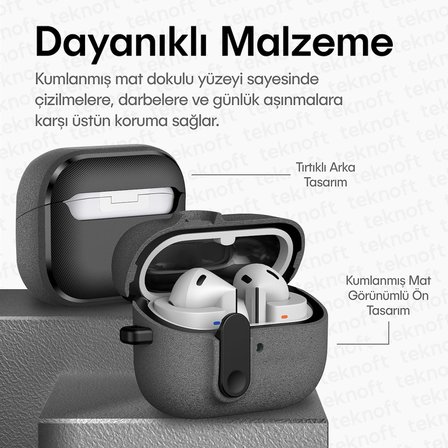 Samsung Galaxy Buds 3 Pro, Buds 3 ve Buds 3 FE ile Uyumlu Mandallı Kapak Kilit Sistemli Kumlanmış Mat Dokulu Darbelere Dayanıklı Hibrit Kılıf (Gri, Galaxy Buds 3 Pro/3/3 FE)
