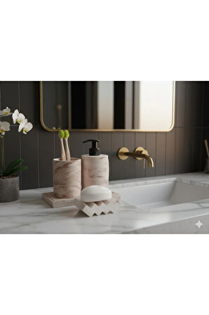 3'lü Bej Mermer Desen Banyo Seti ,sıvı Sabunluk Diş Fırçalığı Beton Aksesuar Takımı