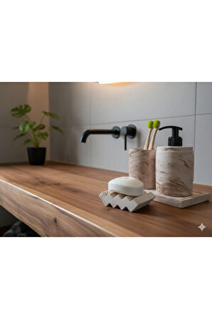 3'lü Bej Mermer Desen Banyo Seti ,sıvı Sabunluk Diş Fırçalığı Beton Aksesuar Takımı