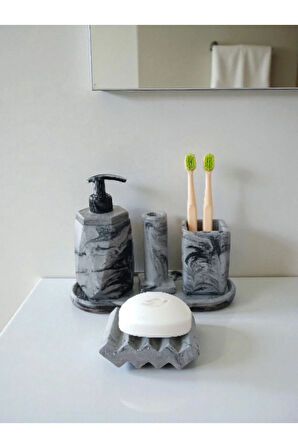5'li Antrasit Desenli Görünümlü Banyo Seti Tuvalet Wc Sıvı Sabunluk Diş Fırçalığı Beton Antrasit