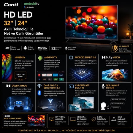 32” HD Ready Android TV (CT32AN300H), HDR, Dolby Vision &amp; Atmos, Chromecast Built-in, Wi-Fi, Bluetooth 5.1, Dahili Uydu Alıcı, 2x HDMI, 2x USB, Voice Control