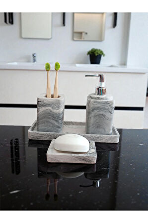 4'lü Mermer Desen Banyo Seti , Sıvı Sabunluk Diş Fırçalığı Beton Aksesuar Takım