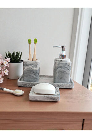 4'lü Mermer Desen Banyo Seti , Sıvı Sabunluk Diş Fırçalığı Beton Aksesuar Takım