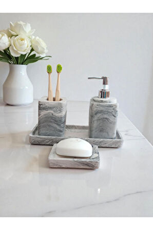 4'lü Mermer Desen Banyo Seti , Sıvı Sabunluk Diş Fırçalığı Beton Aksesuar Takım