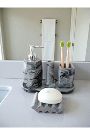 5'li Antrasit Desenli Görünümlü Banyo Seti Tuvalet Wc Sıvı Sabunluk Diş Fırçalığı Beton Antrasit