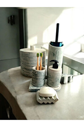 Yeşil Mermer Desen Beton Banyo Seti,Çöp Kovasi,Fırçalık,Katı,Sıvı Sabunluk,Diş Fırçalık,Mumluk