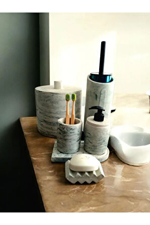 Yeşil Mermer Desen Beton Banyo Seti,Çöp Kovasi,Fırçalık,Katı,Sıvı Sabunluk,Diş Fırçalık,Mumluk