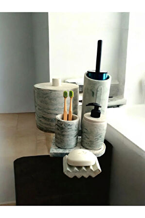 Yeşil Mermer Desen Beton Banyo Seti,Çöp Kovasi,Fırçalık,Katı,Sıvı Sabunluk,Diş Fırçalık,Mumluk