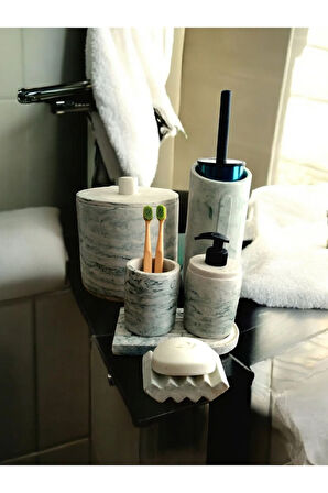 Yeşil Mermer Desen Beton Banyo Seti,Çöp Kovasi,Fırçalık,Katı,Sıvı Sabunluk,Diş Fırçalık,Mumluk