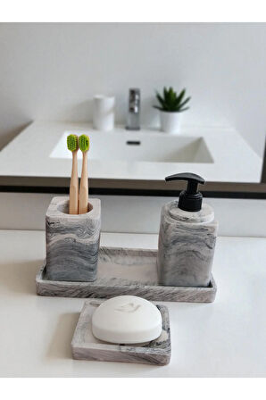 4'lü Mermer Desen Banyo Seti , Sıvı Sabunluk Diş Fırçalığı Beton Aksesuar Takım
