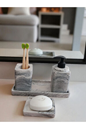 4'lü Mermer Desen Banyo Seti , Sıvı Sabunluk Diş Fırçalığı Beton Aksesuar Takım