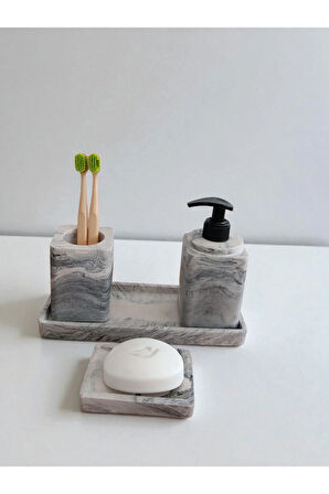4'lü Mermer Desen Banyo Seti , Sıvı Sabunluk Diş Fırçalığı Beton Aksesuar Takım