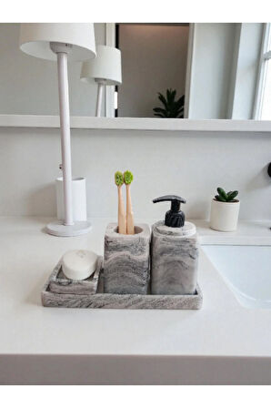 4'lü Mermer Desen Banyo Seti , Sıvı Sabunluk Diş Fırçalığı Beton Aksesuar Takım