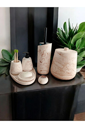 Mermer Desen Bej Beton Banyo Seti,Tuvalet WC,Çöp Kovası,Katı,Sıvı Sabunluk,Tepsi,Dekorasyon,Aksesu