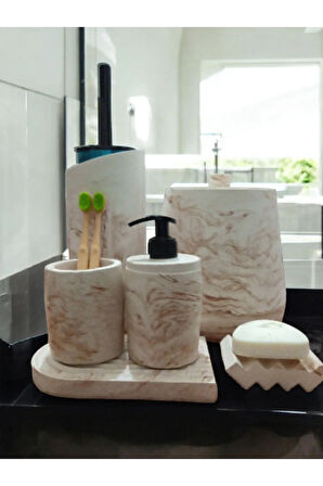 Mermer Serisi Beton Banyo Seti,Çöp Kovasi,Tuvalet Fırçası Takimı,Tepsi,Sıvı ve Katı Sabunluk,