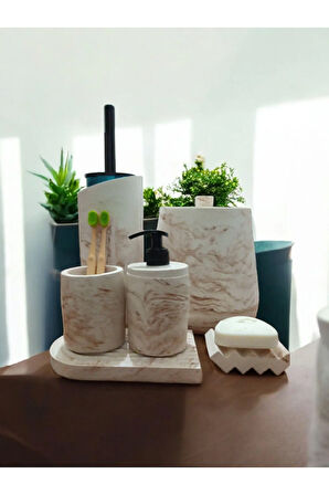 Mermer Serisi Beton Banyo Seti,Çöp Kovasi,Tuvalet Fırçası Takimı,Tepsi,Sıvı ve Katı Sabunluk,