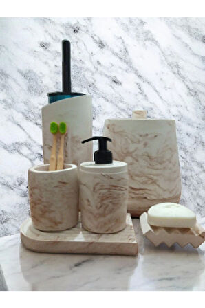 Mermer Serisi Beton Banyo Seti,Çöp Kovasi,Tuvalet Fırçası Takimı,Tepsi,Sıvı ve Katı Sabunluk,