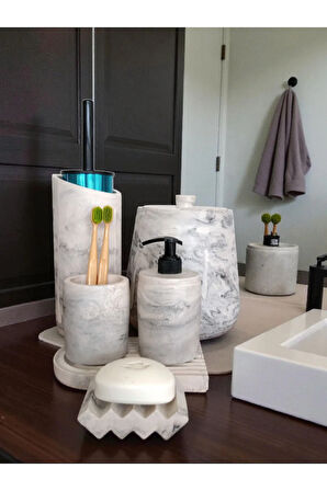 Mermer Serisi Beton Banyo Seti,Çöp Kovasi,Tuvalet Fırçası Takimı,Tepsi,Sıvı ve Katı Sabunluk,