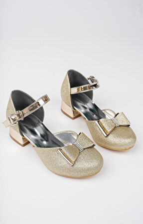 Kız Çocuk Altın Sarısı Abiye Simli Kum Detaylı Fiyonklu Ayakkabı 