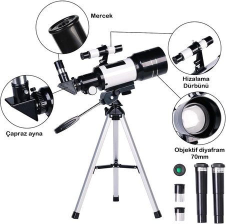 Profesyonel Astronomik Teleskop 150x Yakınlaştırma - 70mm Objektif Uzay-ay-doğa Gözlem Teleskobu