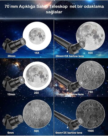 Profesyonel Astronomik Teleskop 150x Yakınlaştırma - 70mm Objektif Uzay-ay-doğa Gözlem Teleskobu