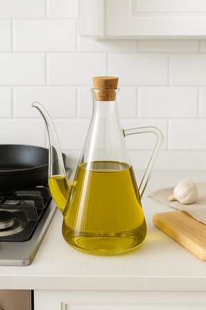 Cam Yağdanlık 500 ml – Isıya Dayanıklı Borosilikat Zeytinyağı ve Sirkelik 1 Adet