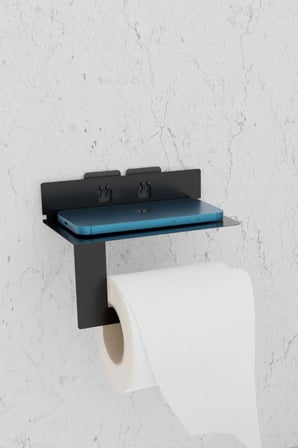 Metal Siyah Ultra Güçlü Yapışkanlı Telefon Tutacaklı Tuvalet WC Kağıtlık MT92S