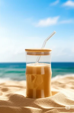 Bambu Kapaklı Cam Pipetli 330 ml Borosilikat Bardak
