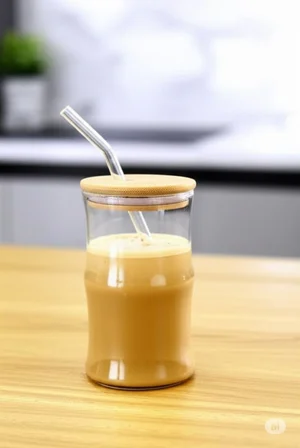 Bambu Kapaklı Cam Pipetli 330 ml Borosilikat Bardak