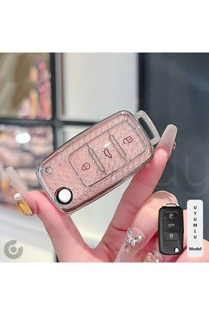 Volkswagen Golf Passat Jetta Polo Caddy Beetle Tiguan Transporter Elmas TPU Anahtar Kılıfı (Pembe)