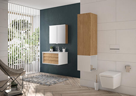 VitrA Frame 61228 Lavabo Dolabı, Çift Çekmeceli, Etajerli Lavabolu, 80 cm, Mat S. Beyaz - Dore Meşe