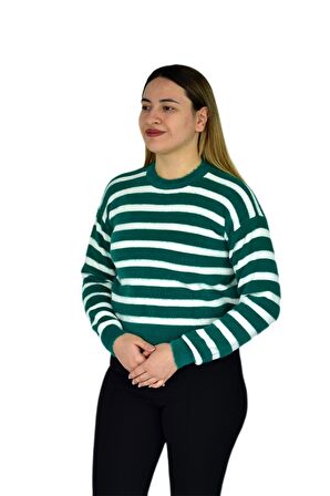 Kadın Çizgili Yumoş Spor Triko Kazak BGL-ST03364