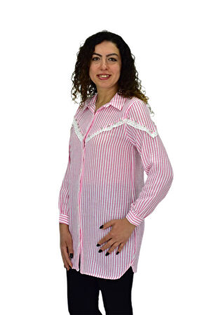 Kadın Çizğili Keten Gömlek BGL-ST03706