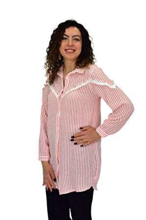 Kadın Çizğili Keten Gömlek BGL-ST03706