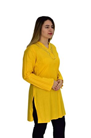 Kadın Sarı Kraş V Yaka Tunik AKR-0143