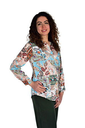 Kadın Saten Baskıkılı Desen Uzun Kol Gömlek BGL-ST04214