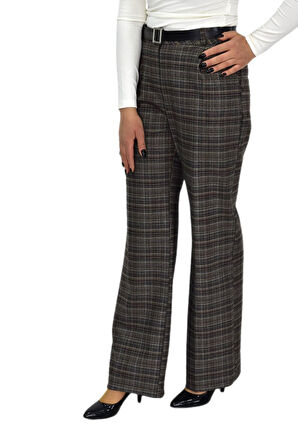 Kadın Ekose Pileli Bol Kumaş Pantolon BGL-ST04233