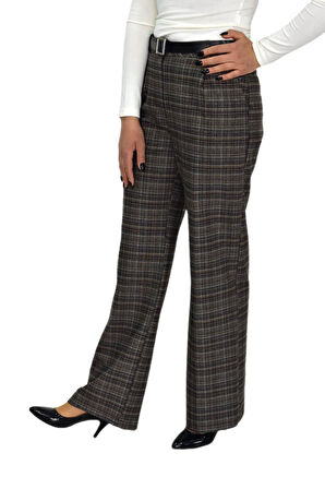 Kadın Ekose Pileli Bol Kumaş Pantolon BGL-ST04233