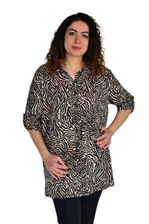 Kadın Büyük Beden Leopar Desen Viskon Bluz BGL-ST04255