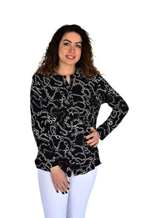 Kadın Zincir Baskılı  Düğmeli Viscon Bluz BGL-ST04266