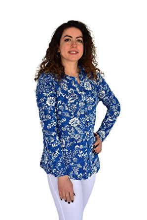 Kadın Çiçek Baskılı Düğmeli Viscon Bluz BGL-ST04268