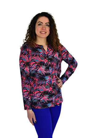 Kadın Yaprak Baskılı Düğmeli Viscon Bluz BGL-ST04273