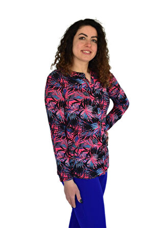 Kadın Yaprak Baskılı Düğmeli Viscon Bluz BGL-ST04273