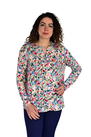 Kadın Çiçek Baskılı Düğmeli Viscon Bluz BGL-ST04275