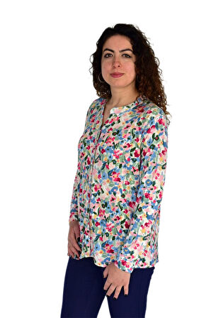 Kadın Çiçek Baskılı Düğmeli Viscon Bluz BGL-ST04275