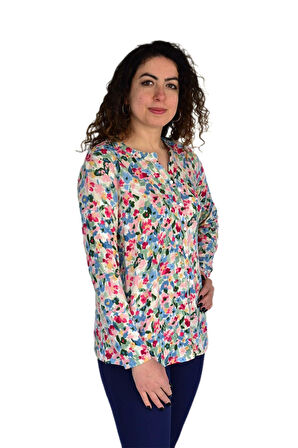 Kadın Çiçek Baskılı Düğmeli Viscon Bluz BGL-ST04275